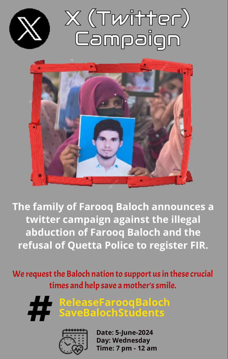 MahrangBaloch_'s tweet photo. Baloch students are the backbone of our society; they are the prime victims of enforced disappearances by the state. Once taken, their faces become familiar to everyone, appearing on timelines, and their names turn into hashtags. 

Oppression is relentless; if we do not choose to resist, it will spare no one. As Baba Khair Bux Marri said, “The longer we take to rise against state oppression, the higher the cost we have to pay as a nation.”

#MarchAgainstBalochGenocide
#ReleaseAneesBaloch
#SaveBalochStudents 
#ReleaseFarooqBaloch
