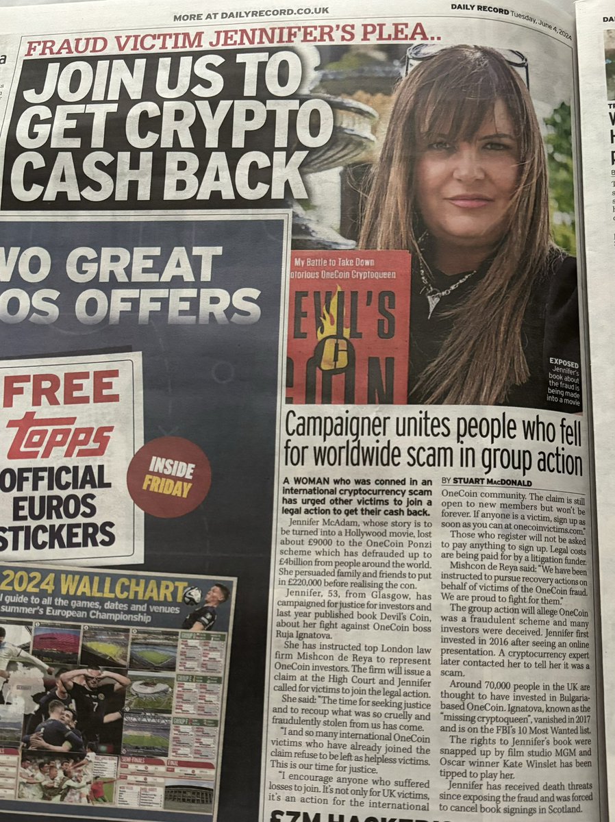 JenMcAdamUK's tweet photo. Thank you @Daily_Record for shedding light on the #onecoin class action lawsuit. If you are a victim, don't delay and sign up at https://t.co/5W8BBmNlA1. Those who have read my book #devilscoin know the importance of seeking justice. My beloved Dad is my very own strength & stay. https://t.co/C2UETZqnZd