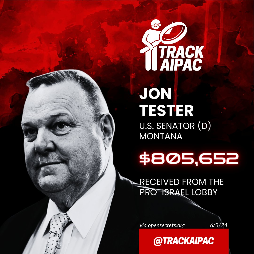 TrackAIPAC's tweet image. Jon Tester has collected &amp;gt;$800,000 from AIPAC and the Israel lobby. #MTSEN
