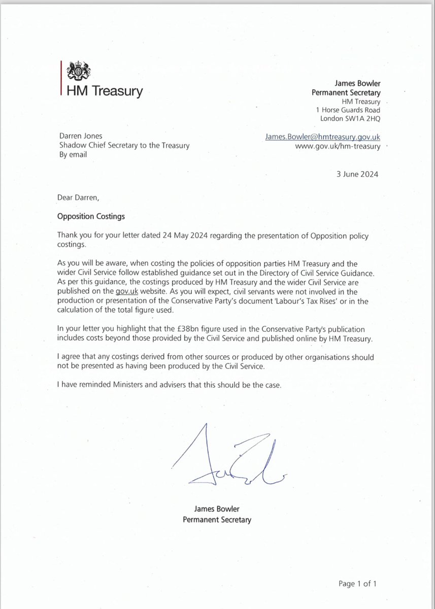 EXCLUSIVE

The chief Treasury civil servant wrote to Labour two days ago saying that the £38 billion/£2,000 tax attack “should not be presented as having been produced by the civil service”

He said he had reminded ministers of this