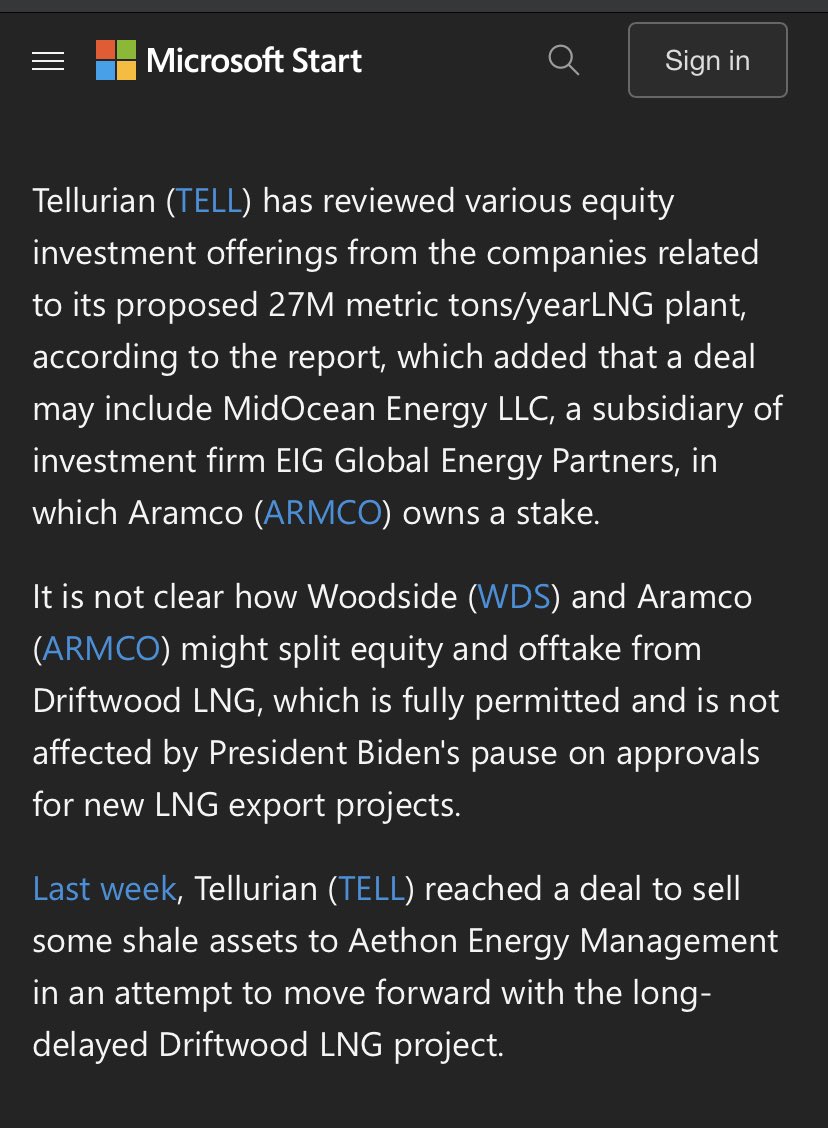 risenfit's tweet image. $TELL Saudi Aramco #ARMCO &amp;amp; $WDS are in discussions about a potential investment in the Driftwood liquefied natural gas export project in Louisiana. 
$LNG $UNG 
hartenergy.com/exclusives/sau….