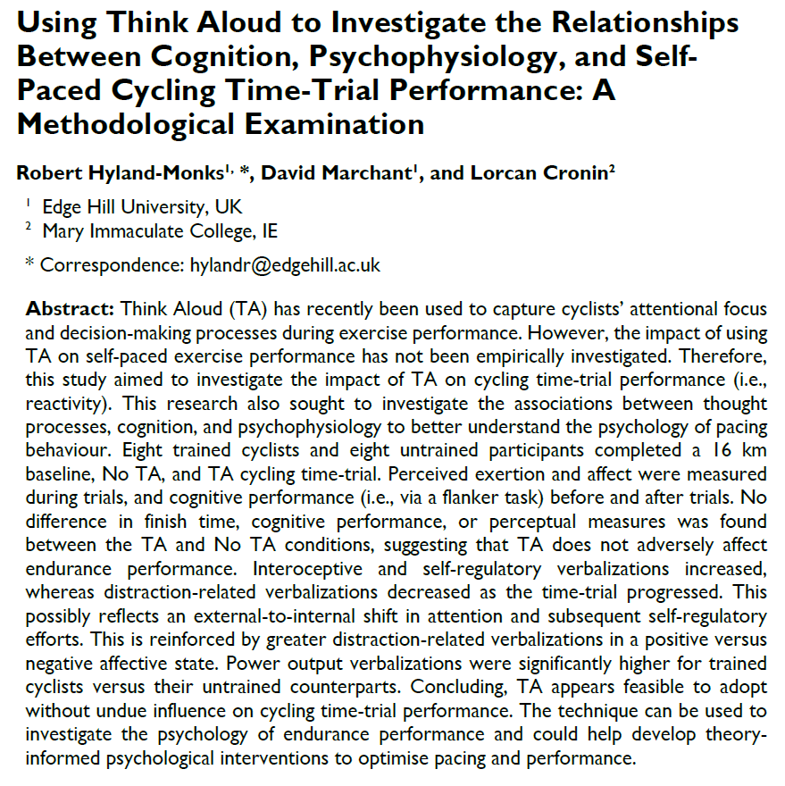 Lorcan Cronin (@croninlorcan) on Twitter photo Great to see this think-aloud during cycling paper published. Well done <a href="/PsychedUpRob/">Rob Hyland-Monks</a> & <a href="/marchantdave/">Dr David Marchant</a> . Available at: journalofsportbehavior.org/index.php/JSB/… Great to see this think-aloud during cycling paper published. Well done <a href="/PsychedUpRob/">Rob Hyland-Monks</a> & <a href="/marchantdave/">Dr David Marchant</a> . Available at: journalofsportbehavior.org/index.php/JSB/…