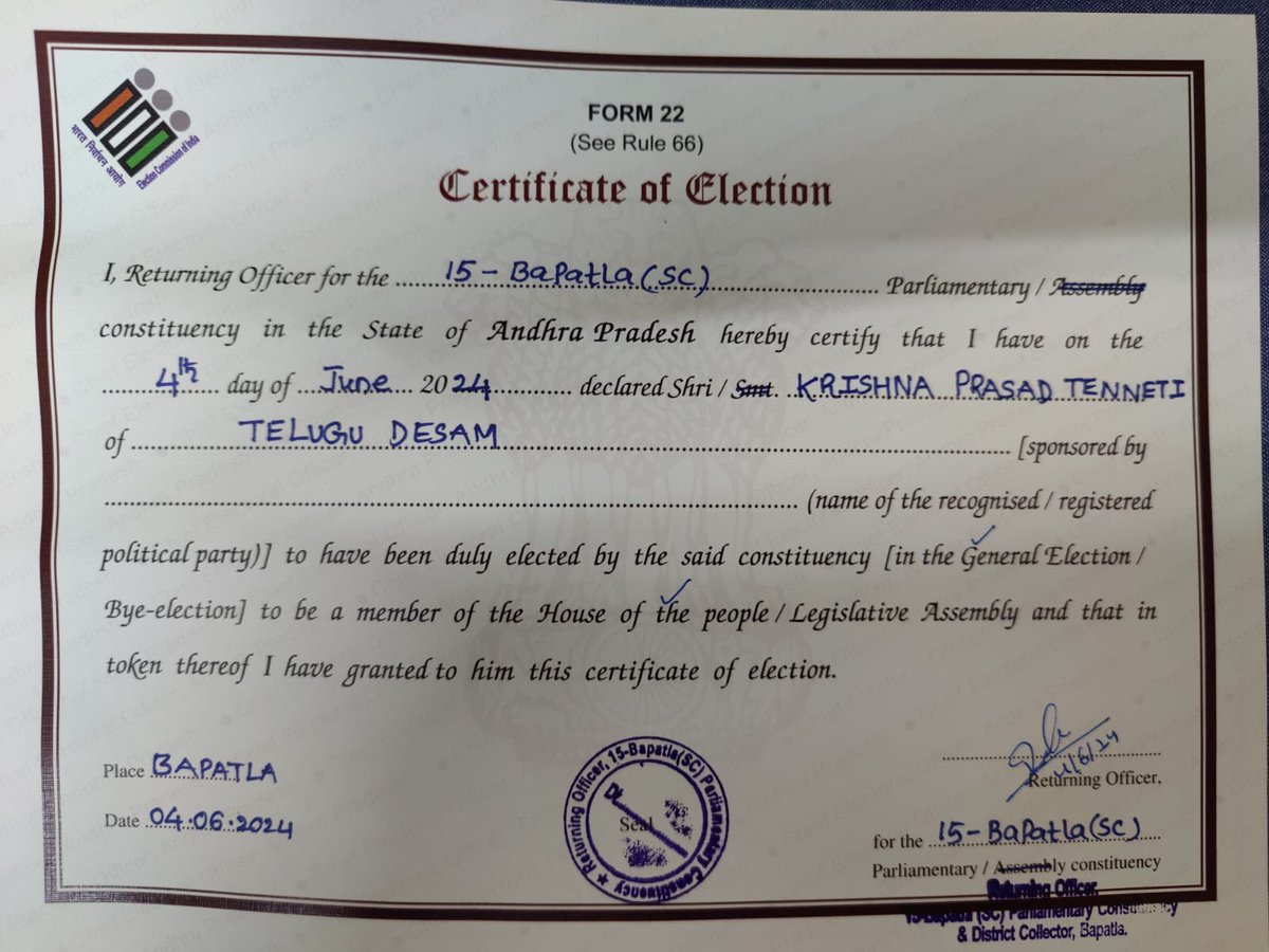 TennetiKrshnaMP's tweet photo. I am grateful to the voters of Bapatla for having elected me as their Member of Parliament with a record of majority of more than 2,08,000 votes https://t.co/rLDYuLehuE