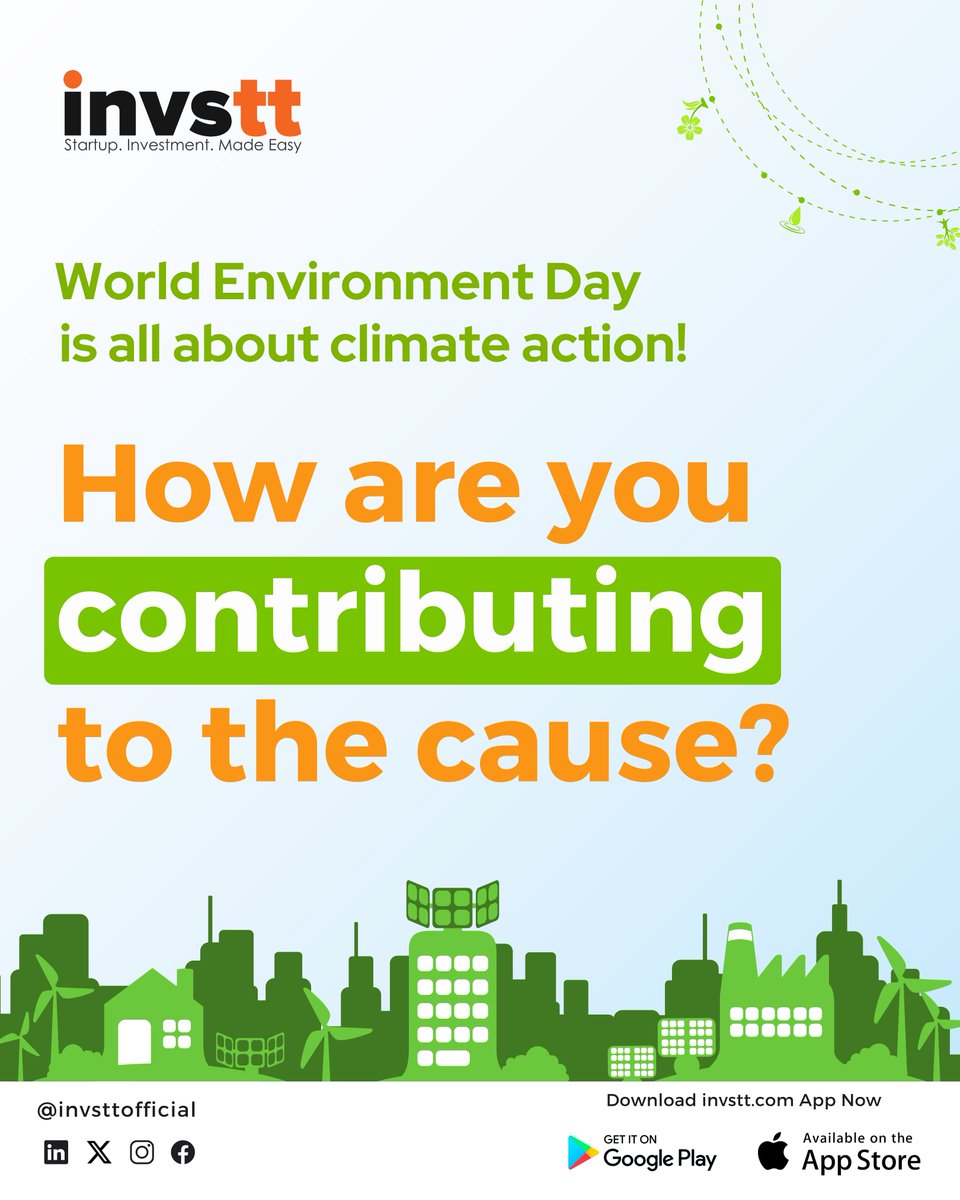 invsttdotcom's tweet photo. How are you contributing to the cause? 

We at Invstt are Embracing Clean Tech for a Sustainable Future 

Let’s work together to make every day World Environment Day! 💚

#WorldEnvironmentDay #Invstt24 https://t.co/mCY6KeHiaS