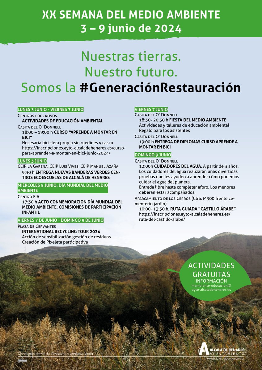 🌳 Hoy, 5 de junio, se celebra el Día Internacional del Medio Ambiente. 

Con motivo de esta efeméride, el Ayuntamiento de Alcalá sigue con las actividades programadas dentro de al XX Semana del Medio Ambiente que se celebra del 3 al 9 de junio. Hoy se celebra un acto