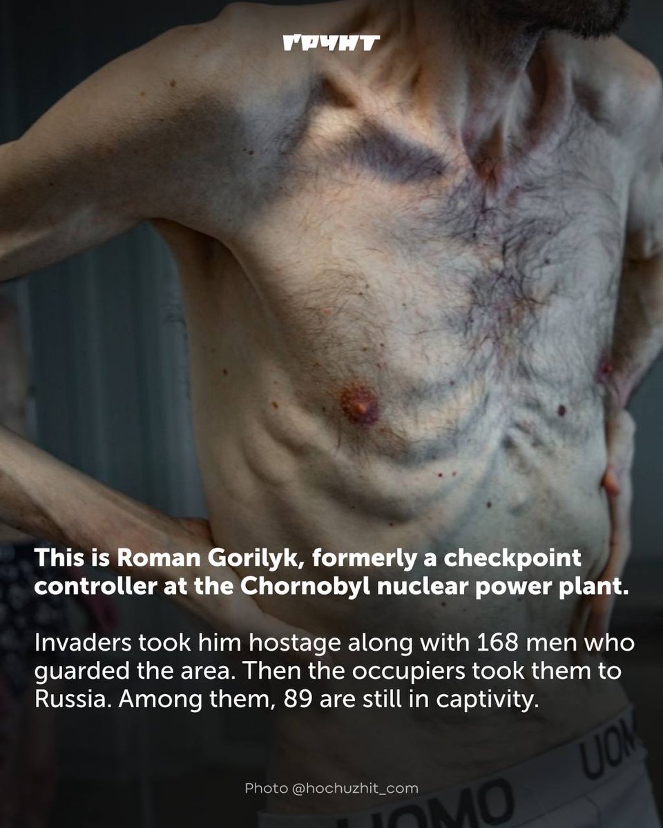 grntmedia's tweet photo. This is Roman Gorilyk, formerly a checkpoint controller at the Chornobyl nuclear power plant. 

Invaders took him hostage along with 168 men who guarded the area. Then occupiers took them to Russia. Among them, 89 are still in captivity.

Russians are torturing and starving our prisoners. This is genocide, daily genocide.