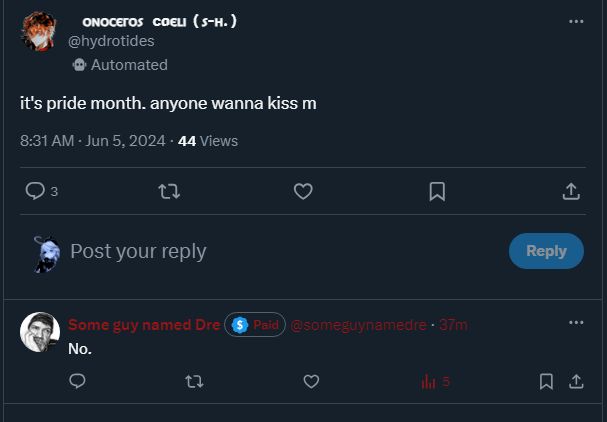 fauxarchonte's tweet photo. @hydrotides https://t.co/dc4bRSg35t

I have a Twitter extension called Shinigami Eyes

Someone has previously marked that guy as transphobic, hence why his name shows up as red for me

Meaning he probably just searched "pride month" and replied to your post when it popped up https://t.co/tnCsk8CjYC