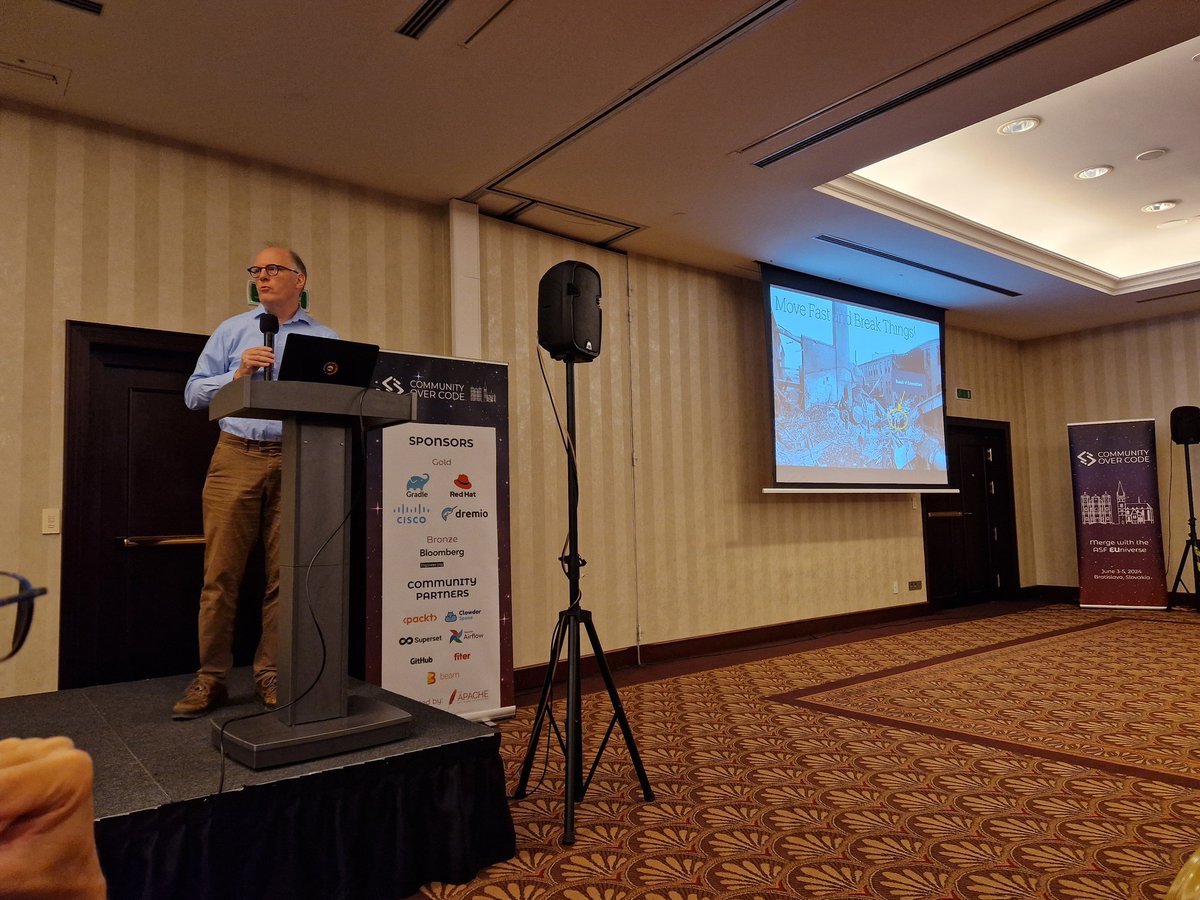 DevOpsBarbie's tweet image. "When you move fast and break things, the rewards are bigger but so are the kabooms, regulation is necessary" Dirk-Willem van Gulik at #communityovercode
Current President David Nalley set the stage saying @TheASF should make compiance easier.