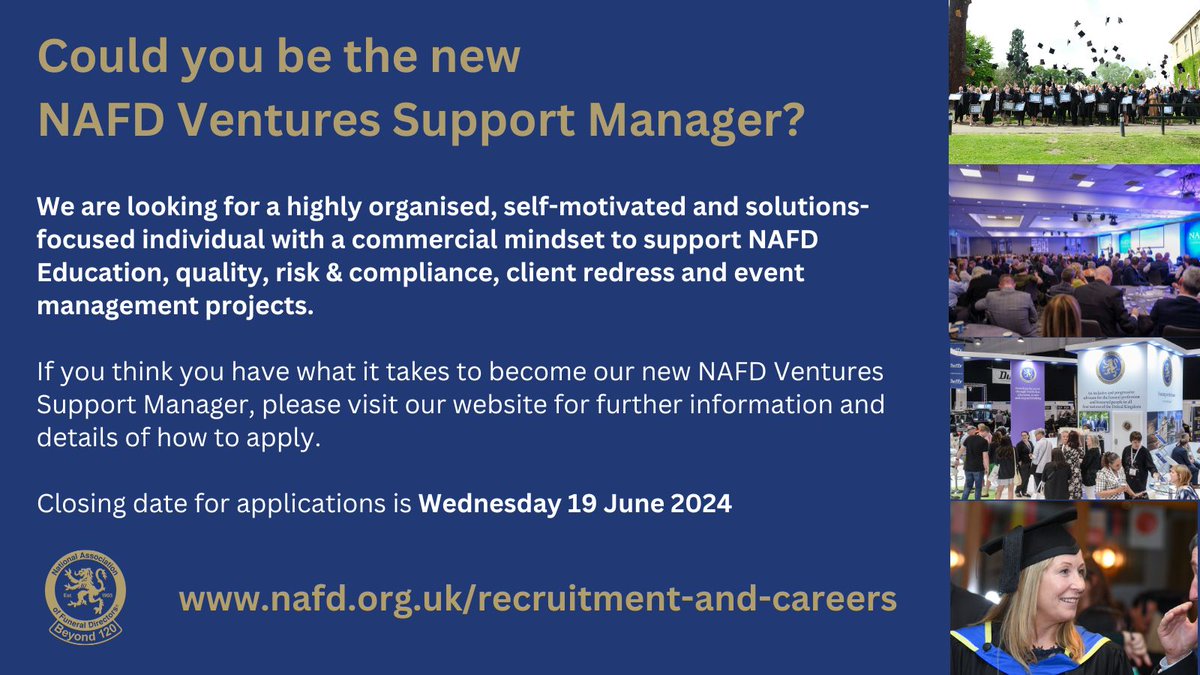 NAFD_UK's tweet image. We&apos;re hiring! Could you be our next Ventures Support Manager? deadline for applications is Friday 21 June. Find out more here: nafd.org.uk/recruitment-an… 
#vacancies #careerdevelopment #funeralprofession
