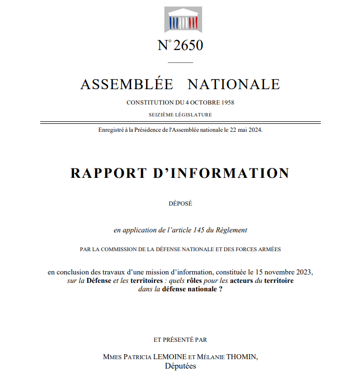 📗 Le rapport de <a href="/P_Lemoine/">Patricia Lemoine</a> et <a href="/Mel_Thomin/">Mélanie THOMIN</a> sur le thème "La #défense et les territoires : quels rôles pour les acteurs du territoire dans la défense nationale ?" est en ligne 👉 assnat.fr/IQ1llx.
#DirectAN