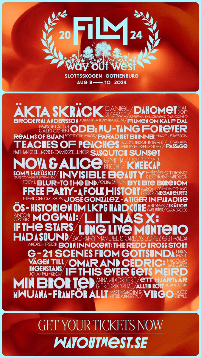 Stolt att presentera årets filmprogram för Way Out West! 

Stort tack till alla regissörer, filmarbetare, producenter, produktionsbolag, distributörer och ni som ser till att det finns så fantastiska filmer att visa!  
Kortfilmsprogrammet släpps senare i sommar!