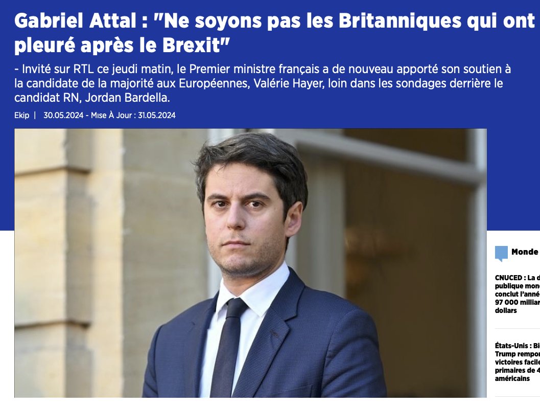 Quite something when Brexit gets no mention whatsoever in 🇬🇧election campaign - contrary to🇪🇺elections where it comes up a lot in debate, (as in "let's not be like the British crying after Brexit !" - French PM👇) - and not even a single main EU far right party advocating same