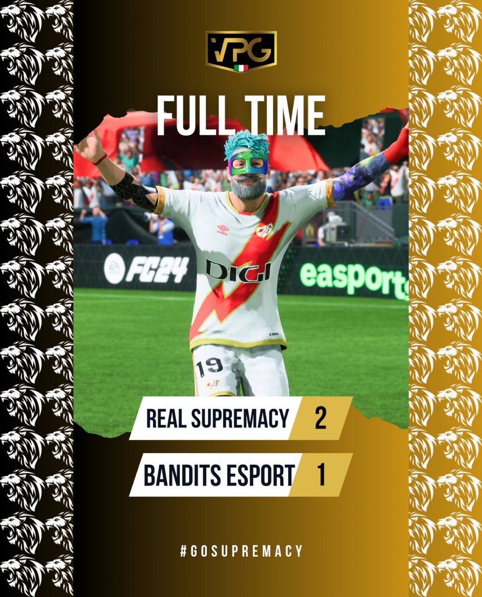 📌 | 𝐅𝐔𝐋𝐋 𝐓𝐈𝐌𝐄

🏆╏ <a href="/VPGItaly/">Virtual Pro Gaming Italy 🇮🇹</a> 
🏟╏ 33° Giornata 
🆚️╏ <a href="/Bandits_Esport/">𝔹𝔸ℕ𝔻𝕀𝕋𝕊 𝔼𝕊ℙ𝕆ℝ𝕋𝕊</a>
®️╏2-1✅️

⚽️ <a href="/Blackelite23/">Blackelite23 🇮🇹</a>
⚽️ <a href="/dangercassalo/">xDanger7</a>
👟 <a href="/dangercassalo/">xDanger7</a>
🥇 <a href="/Blackelite23/">Blackelite23 🇮🇹</a>

#GoSupremacy🦁