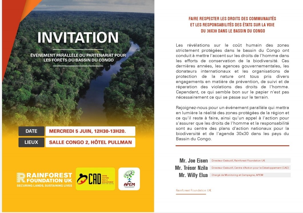 #RDP20 Join <a href="/242Cad/">CAD</a> <a href="/RdcApem/">APEM RDC 1</a> and <a href="/RFUK/">RainforestFoundation</a> for an in-person session on human rights, protected areas and the road to 3030 at the CBFP meeting in Kinshas 12:30 local time