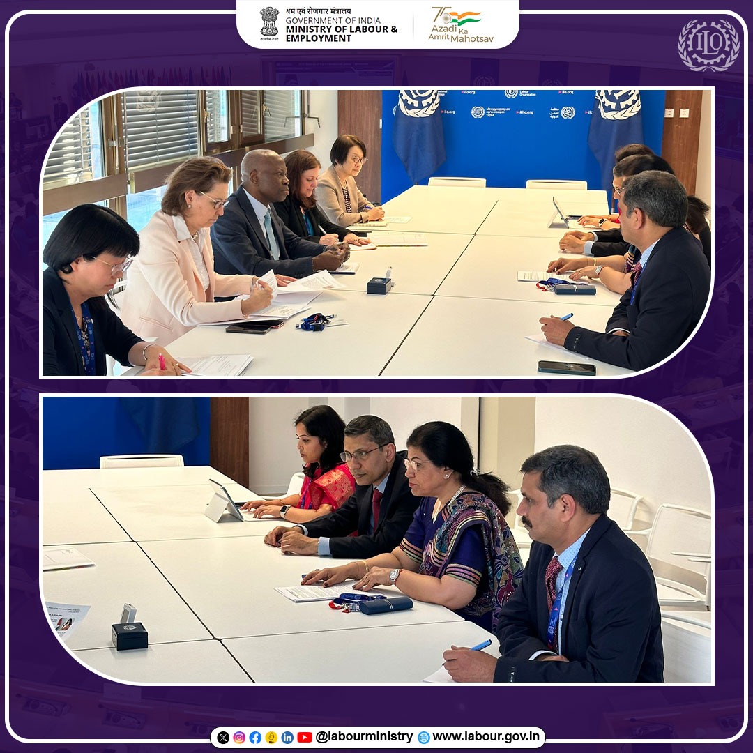 LabourMinistry's tweet image. Indian delegation led by @SumitaDawra, Secretary (Labour &amp;amp; Employment) met DG, ILO at the sidelines of 112th session of #ILC at @ilo to discuss key issues of the world of work and future collaborations for developing International reference classification of skills. 
(1/2)