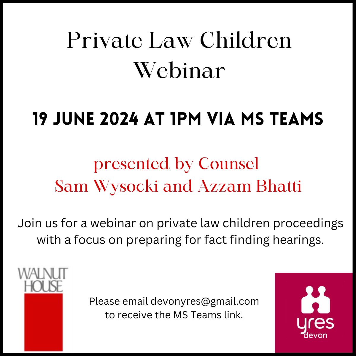 yresdevon's tweet image. Our next webinar is in conjunction with Walnut House with a focus on private law children matters. Please do register to receive the MS Teams link.
#YRes #Resolution #YResDevon
