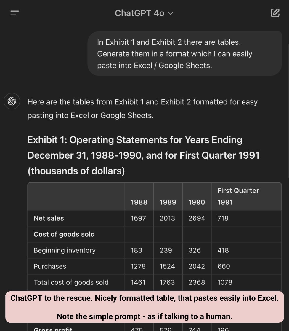 A quick and practical use of ChatGPT - I used GPT 4o for that, but I imagine it would work with others.

You have a PDF with a table that you would want to paste into Excel. A simple copy / paste will give you an awful output that you'll have to spend plenty of time formatting.