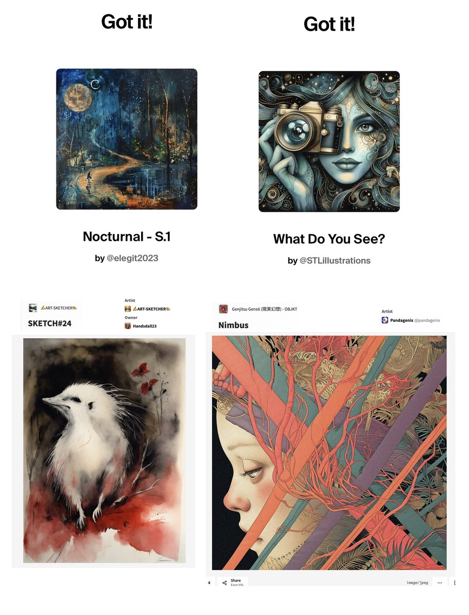 BOUGHT!! 😍🔥
I’m very happy to added these beautiful pieces to my vault! 🤗❤️
- A beautiful Nocturnal from <a href="/Elegit2021/">Elegit</a>! 🥰
- A photograph girl from <a href="/zetsketches/">STL Illustrations🎨</a> ! 🥰
- A painting in Mondrian Style from <a href="/Hp24224664/">Paradisio 🇫🇷 OpenSea / Foundation</a>! 🥰
- A strange beast from <a href="/art_sketch69947/">✍ART SKETCHER🎨</a>! 🥰
- And one ed.