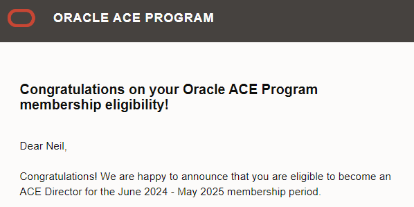 Honoured to be accepted as an #Oracle ACE Director for the next year #ACED

Thank you for recognising and rewarding community contributions <a href="/oracleace/">Oracle ACE Program</a> #oracleace 

Further *your* community contributions! Write a blog, speak at conferences <a href="/mashprogram/">mashprogram</a>, get involved! <a href="/UKOUG/">UK Oracle User Group</a>