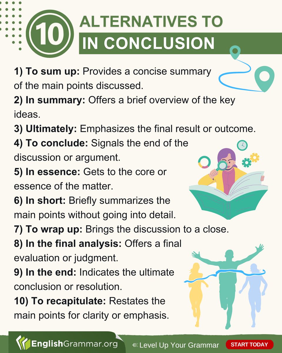GrammarUpdates's tweet photo. 10 Alternatives to "In Conclusion"

#vocabulary #writing #amwriting https://t.co/yGGOKcdPgH