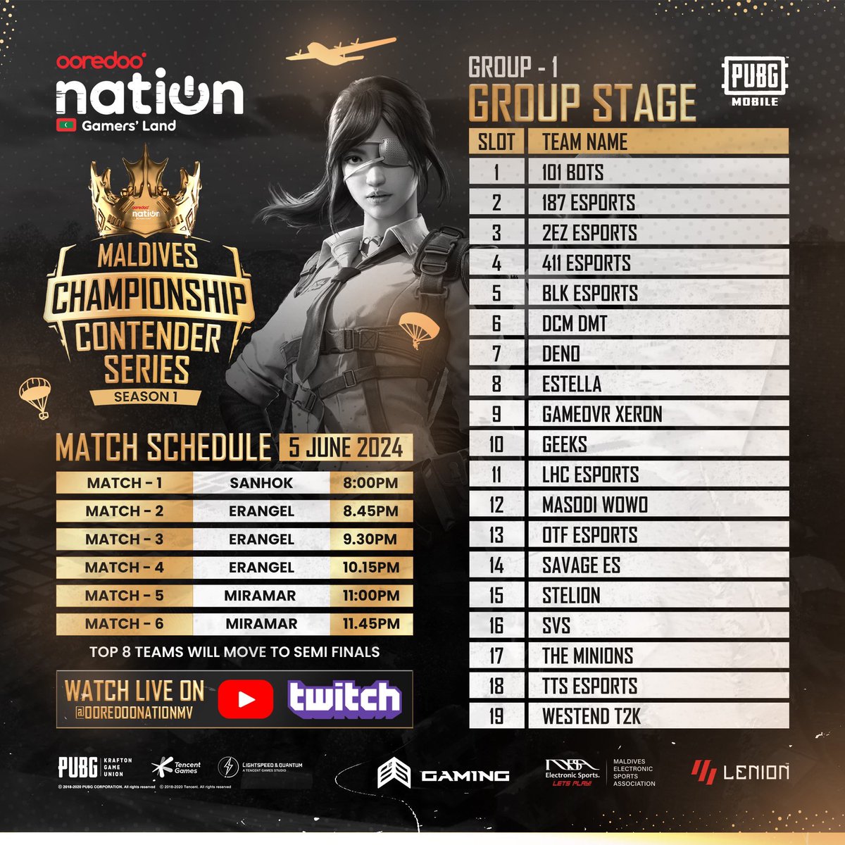 OoredooNationMv's tweet photo. Tune in live to watch the Group 1 matches of #PUBGMobile Contender Series 1 on YouTube and Twitch at 8 PM tonight! 🕗 🎮 https://t.co/sGzGOJam2m