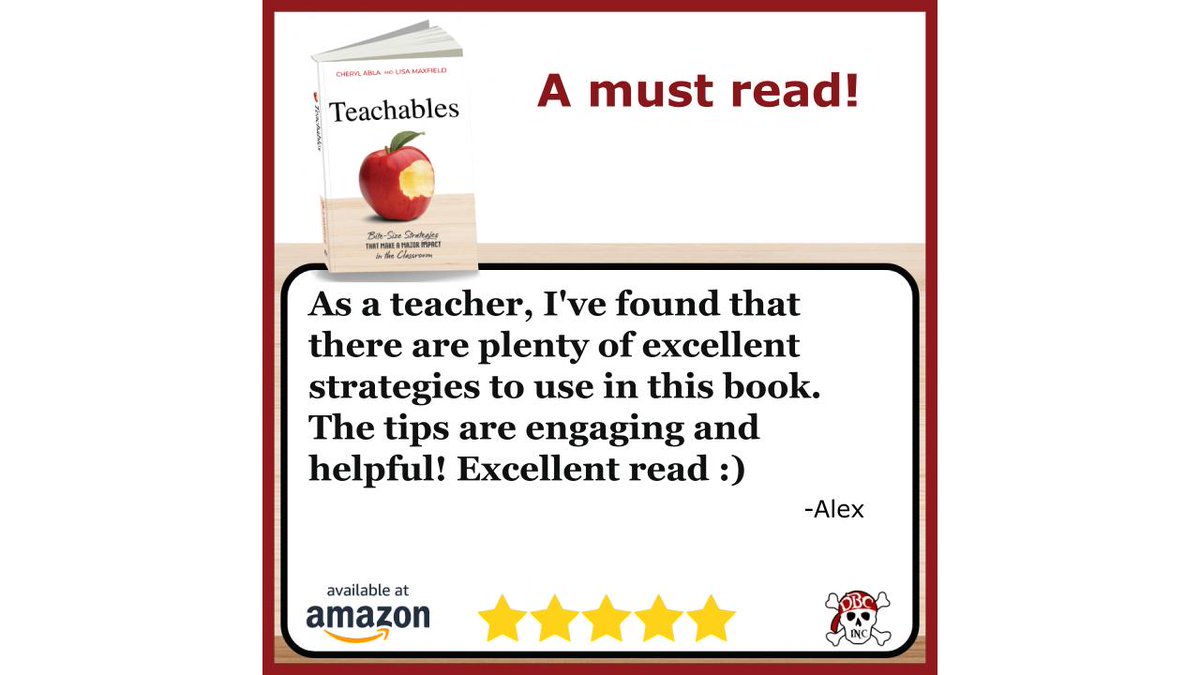 Over the moon with the amazing five-star review for #Teachables! Looking for strategies to shake things up and try something different? #dbcincbooks offers bulk pricing for orders of 10+ books. Or grab a copy on Amazon: a.co/d/9v2ADLk
<a href="/cherylabla/">🦋Cheryl Abla🦋</a> <a href="/dbc_inc/">Dave Burgess Consulting, Inc.</a> <a href="/burgessdave/">Dave Burgess</a>