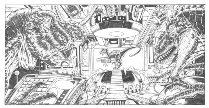 More dino stuff.  This piece is one of a series for the intro to a videogame called, "Nanosaur II: The Hatching" from many years ago.  Just pencils here. #videogaming #dinosaurus #dino #pangeasoft