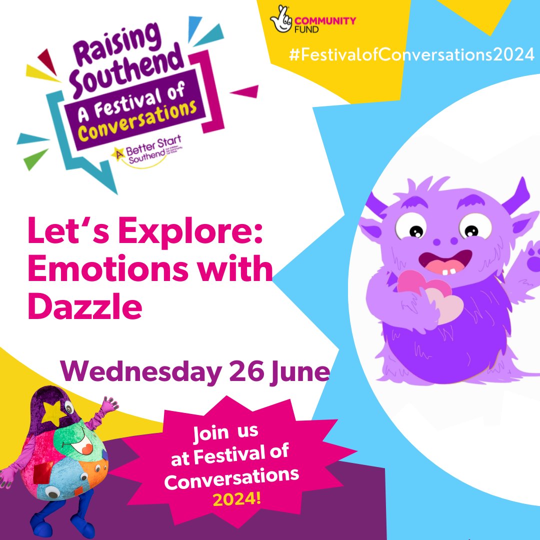 ABSSouthend's tweet photo. A FREE morning of creativity, crafting and colour awaits you at the Let's Explore: Emotions with Dazzle Festival of Conversations event!
26 June, 9.30-11.30am.
For info and to book, visit https://t.co/Zzy9sM3QVX 
#FestivalofConversations2024
#ABetterStartSouthend https://t.co/6PF3U3MzP8