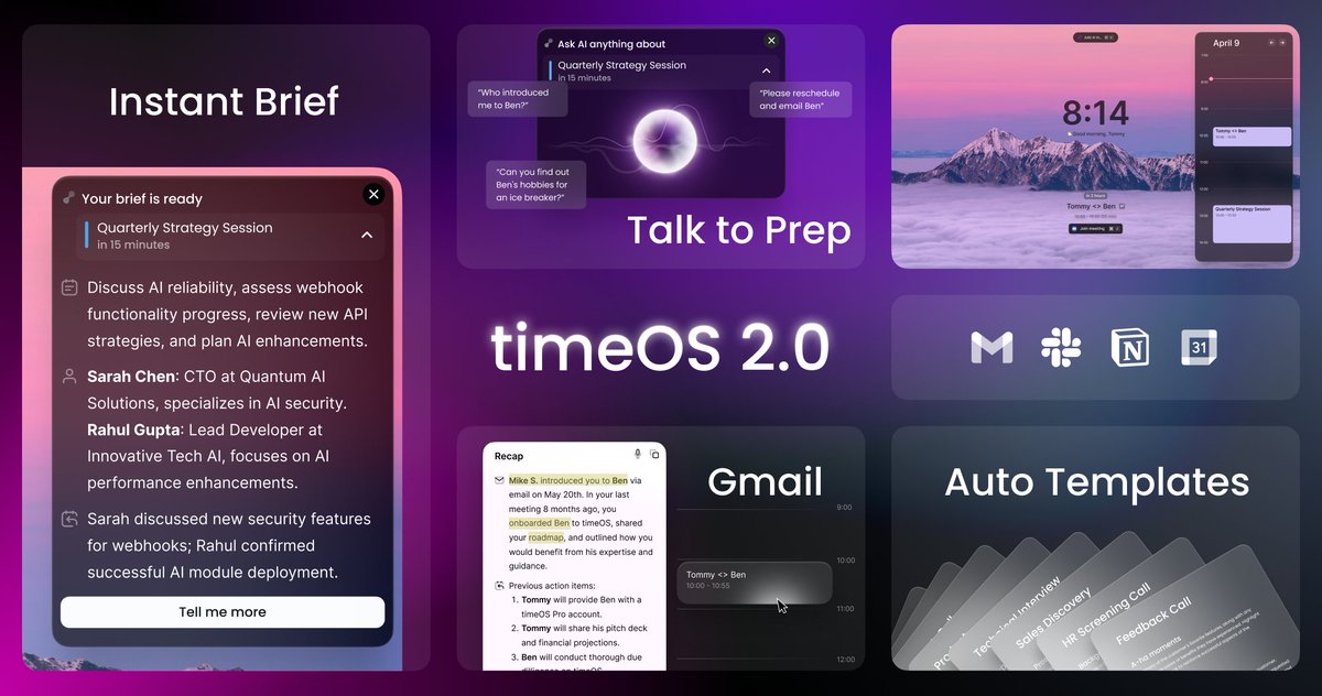 We’re thrilled to launch <a href="/timeOSai/">timeOS</a> 2.0, a brand new way to interface and interact with time.
​
Our mission: Create an autonomous productivity system.
​
With timeOS 2.0, you get:
​
🧠 Get ready in seconds: Before your meeting begins, timeOS provides enriched context from your