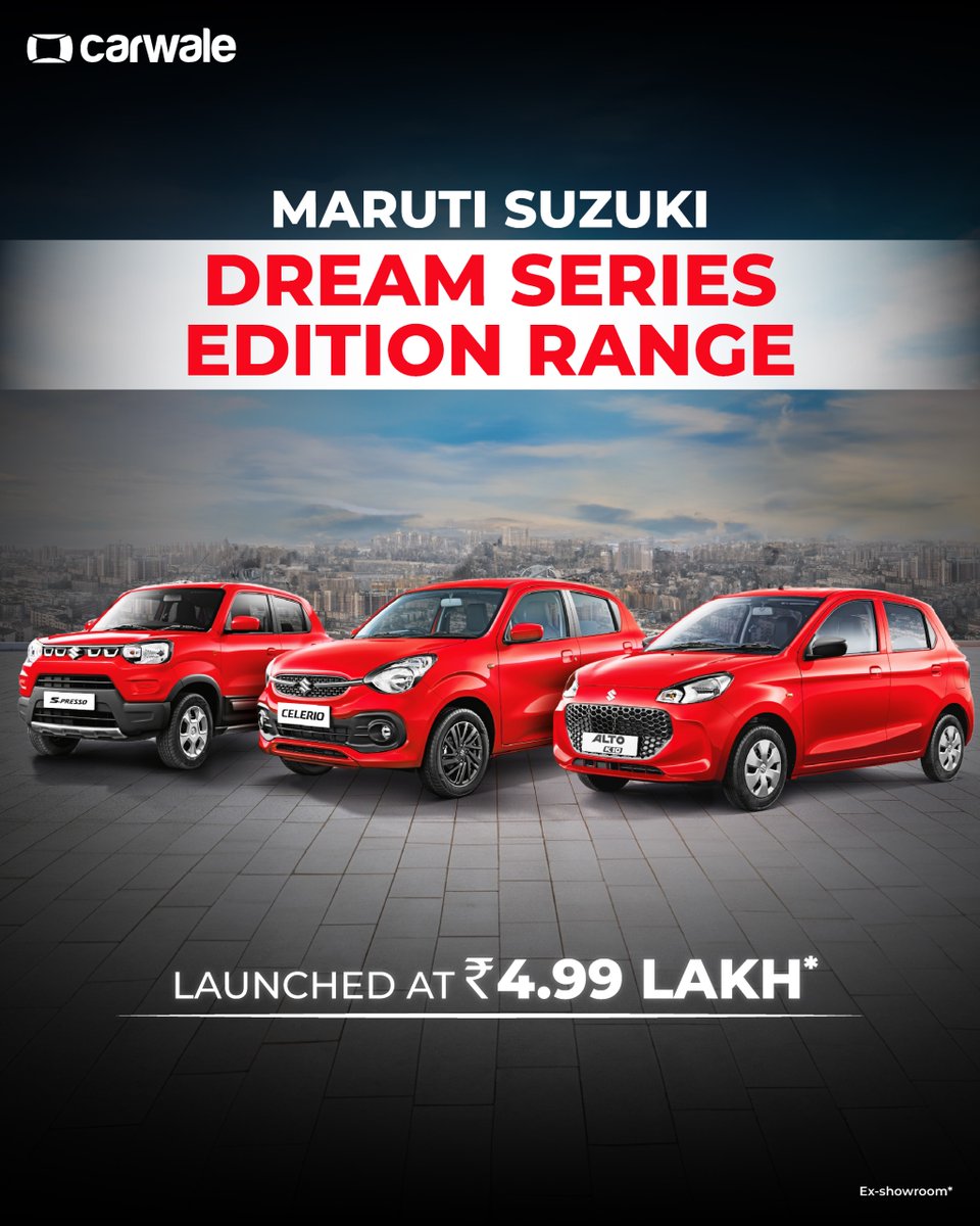 CarWale's tweet photo. Maruti Suzuki has launched the Dream Series editions of Celerio, Alto, and S-Presso. All priced at Rs. 4.99 lakh (ex-showroom).
#marutisuzuki #alto #celerio #spresso #hatchback #launch #newcar #automotive #cwlaunch https://t.co/hyZJEPxgkd