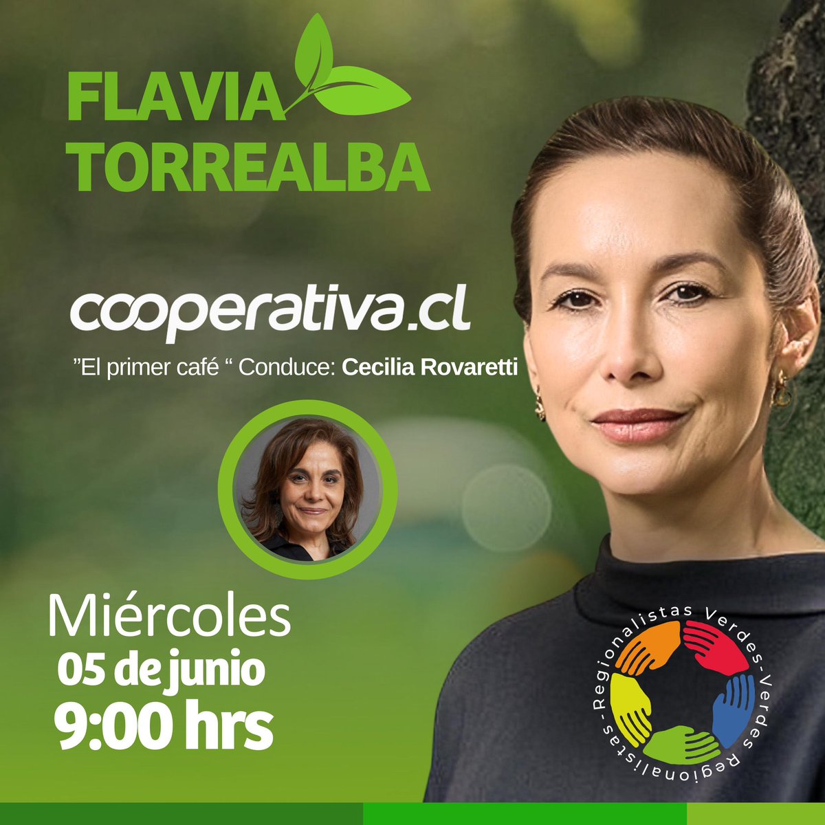 regverdes's tweet photo. ¡Buenos días a todos y todas! 🌱✅
En unos minutos, más nuestra presidenta nacional @TorrealbaFlavia será parte de la conversación y el debate en #ElprimerCafe ☕️ de @Cooperativa 📻 https://t.co/EBToKauRFq
