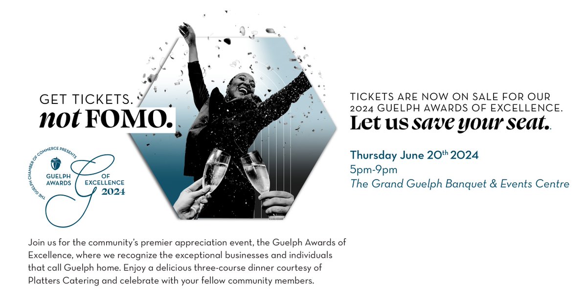 GuelphChamber's tweet photo. 🎫Tickets are almost SOLD OUT for our #guelphawardsofexcellence 😱!
Join us for the community’s premier appreciation event, the 2024 Guelph Awards of Excellence where we recognize the exceptional businesses and individuals that call Guelph home. Register: https://t.co/DDDjoYUYUr https://t.co/dCvZb0vhE8