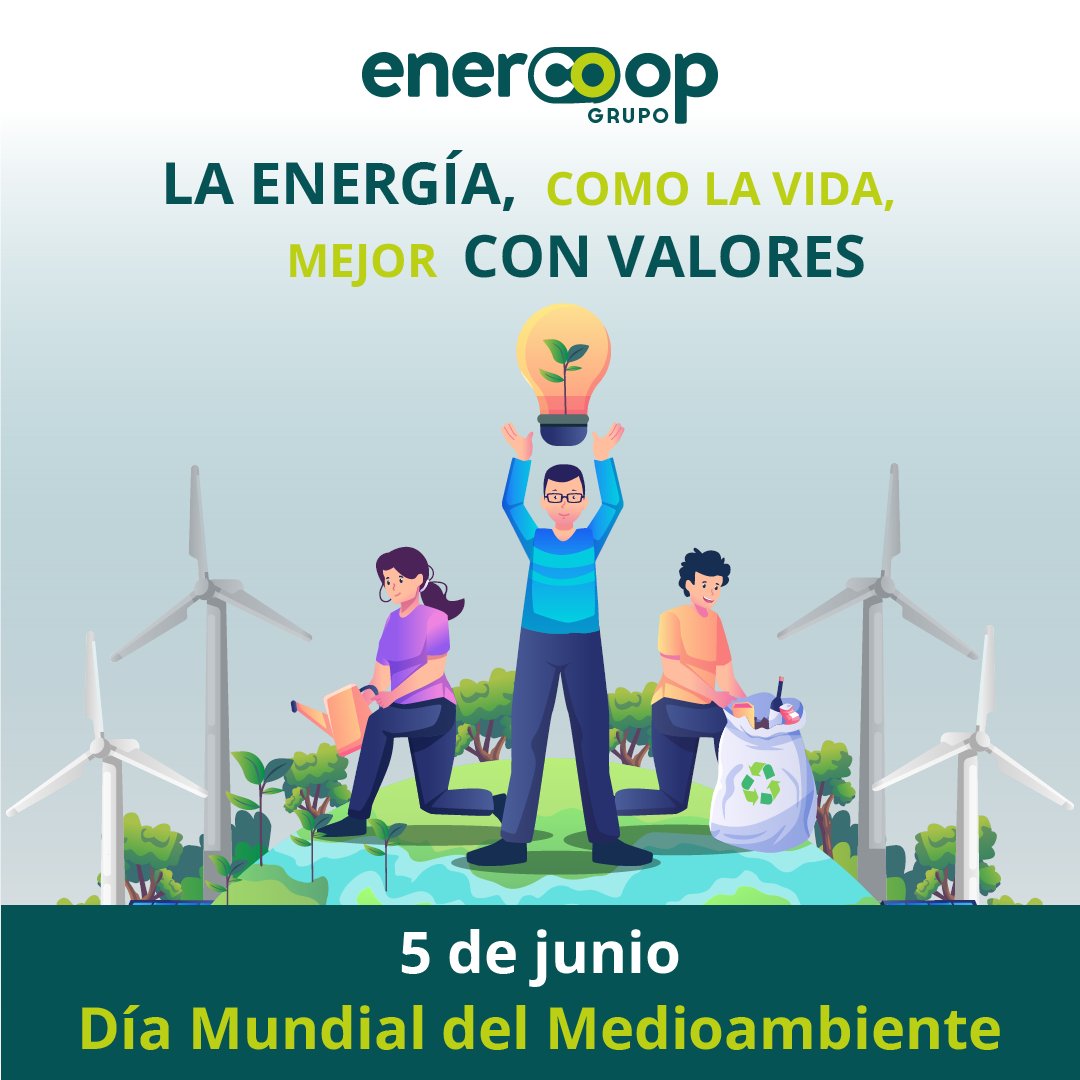 Hoy 5️⃣ de junio en el Grupo Enercoop celebramos el #DíaMundialDelMedioAmbiente 🌳 de la mejor forma que sabemos: generando ⚡, distribuyendo 🔌 y comercializando 💡 #energíarenovable y contribuyendo a la preservación ♻ de los ecosistemas 💚y la #biodiversidad 🍃 .