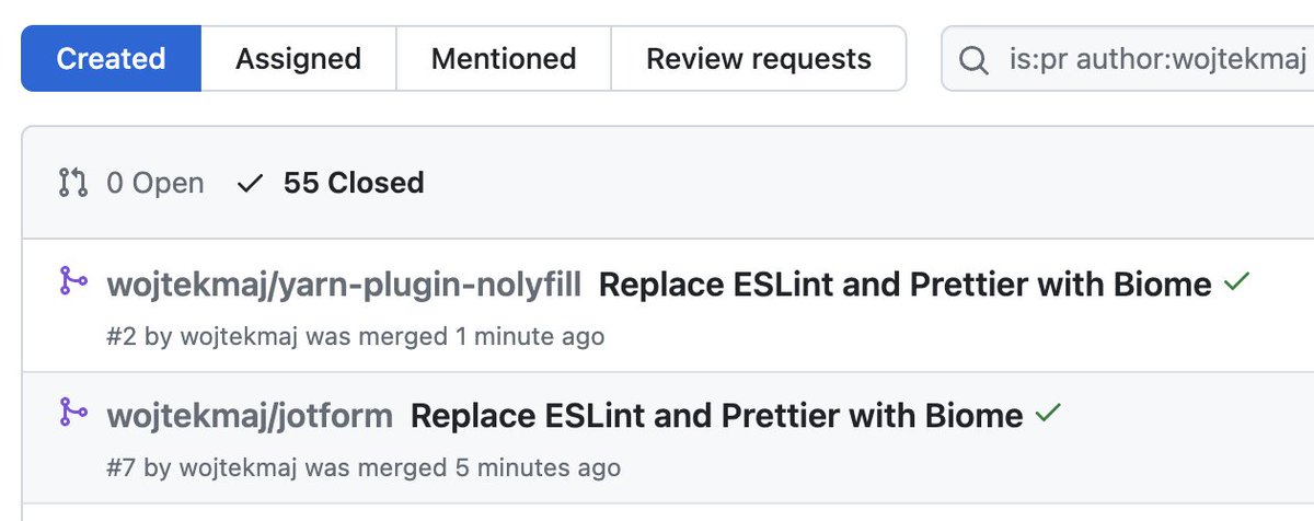 wojtekmaj91's tweet photo. Just migrated 55 repositories to @biomejs in the matter of 2 hours 🤩 CI run time: ~4 seconds. Used custom script to do most of the changes. ~96250 lines removed. Feels goooooood 🤤 https://t.co/HWW50p7FIj