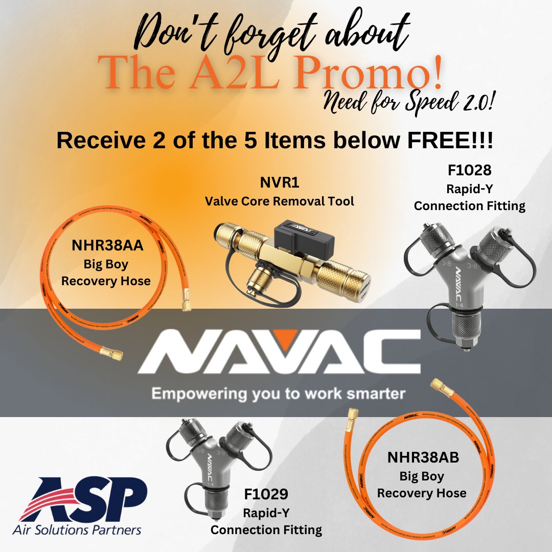 partners_air's tweet image. DON'T MISS NAVAC’S NEED FOR SPEED 2.0 PROMO!

🔥April 15-June 30🔥

Buy any NAVAC A2L Compatible Recovery Unit &amp;amp; get TWO free tools! Choose from Valve Core Removal Tool, Big Boy Recovery Hoses, or Rapid-Y Fittings.

Offer ends June 30!

#HVAC #RecoveryMachine #NAVAC #PromoAlert