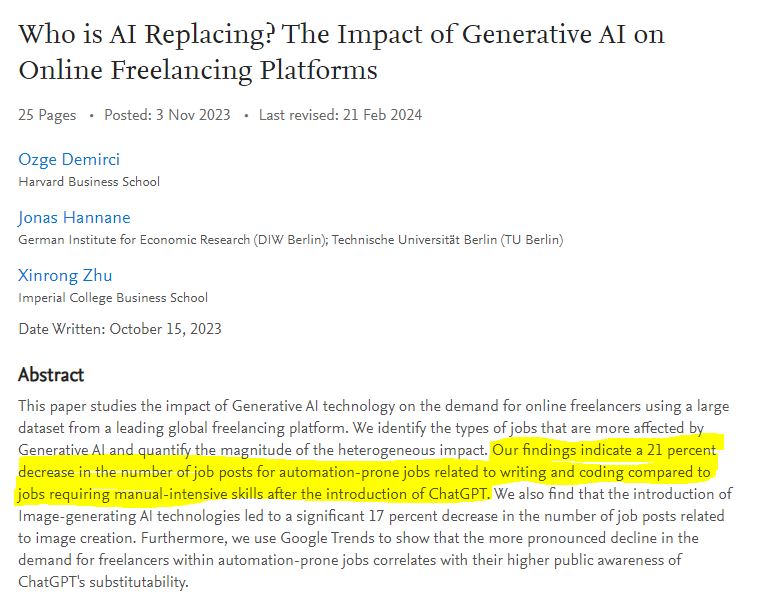 A new study shows a 21% drop in demand for digital freelancers since ChatGPT was launched. The hype in AI is real but so is the risk of job displacement.