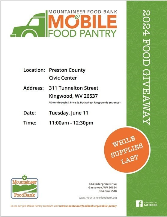 Public Service Announcement: Mountaineer Food Bank Mobile Pantry will distribute at the Civic Center on Tuesday, June 11th from 11 am to 12:30 pm while supplies last.