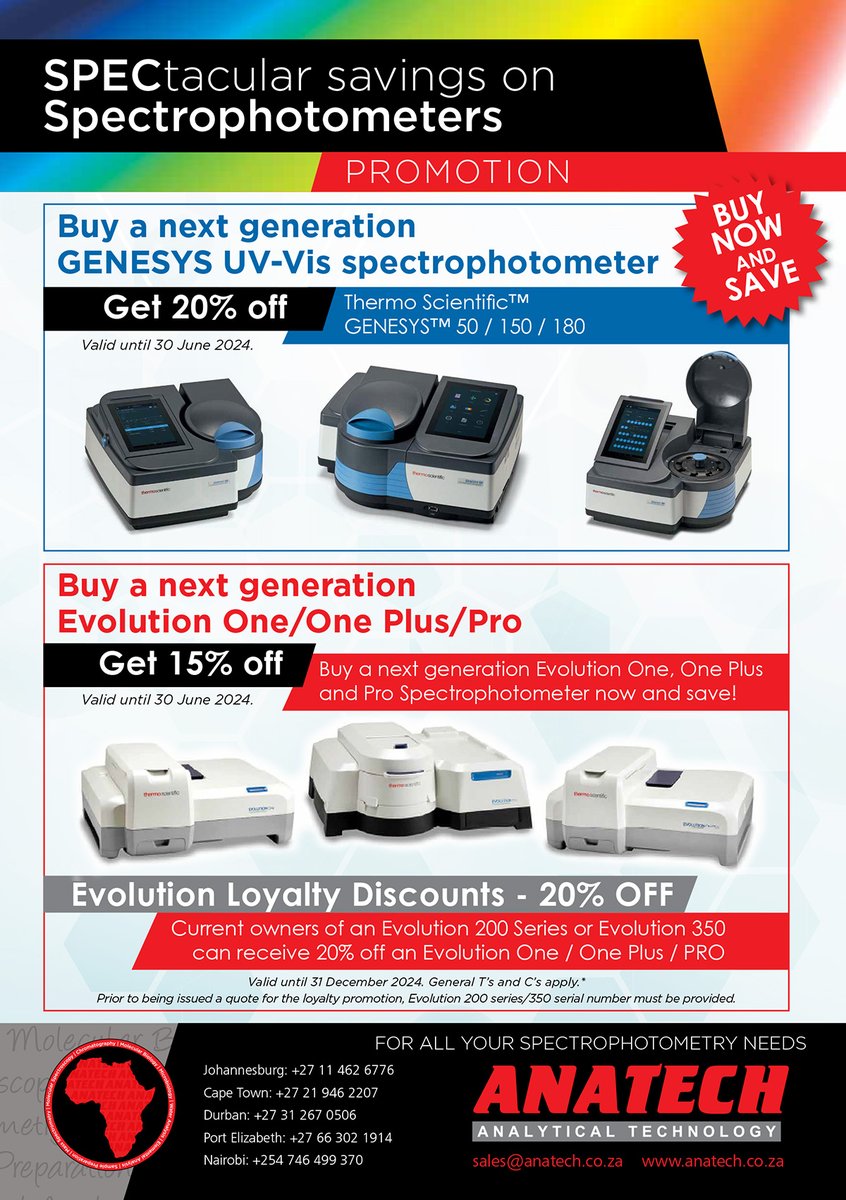 AnaTech17's tweet photo. PROMOTION: 🎉📊
🌟 SPECtacular Savings on Spectrophotometers 🌟

📅 Valid until 31 December 2024.
📩 Place your order at sales@anatech.co.za or 📞 (011) 462-6776.

#Promotion #Spectrophotometer #GENESYS #EvolutionOne #EvolutionPlus #EvolutionPro #ScienceSavings #Anatech https://t.co/YBYhMRzAgw