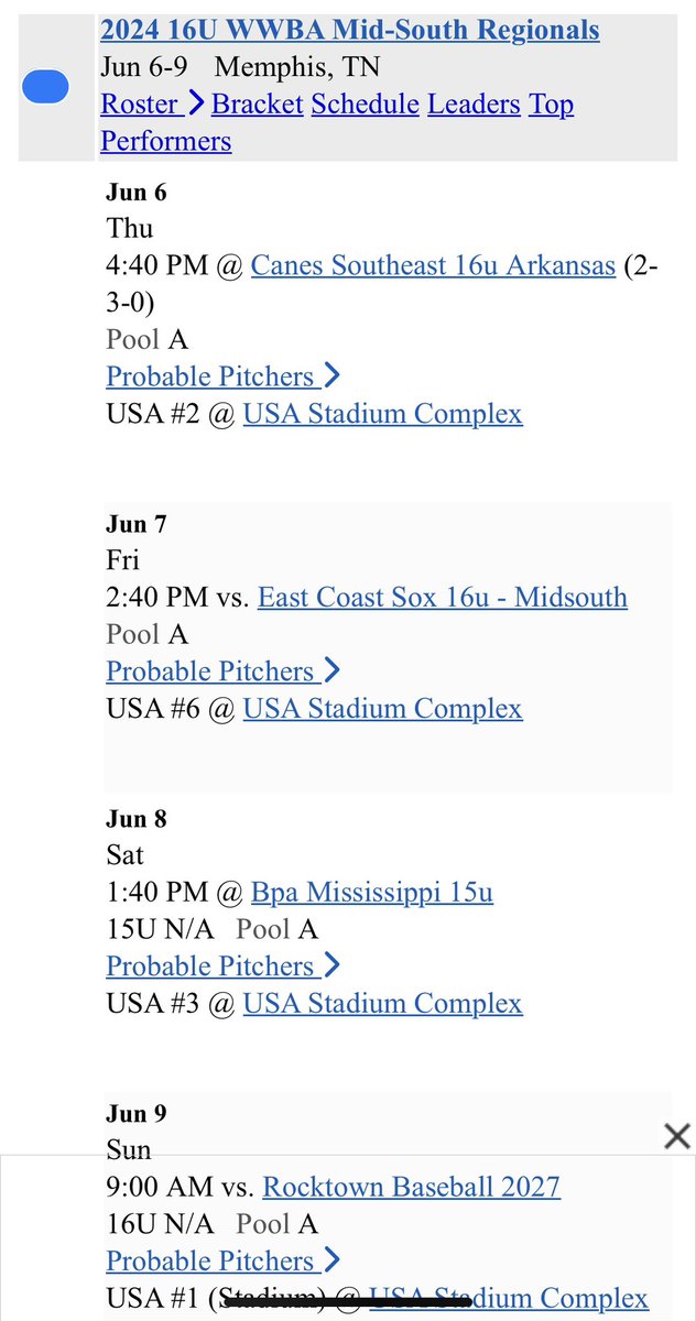 This weeks Perfect Game schedule in Millington.