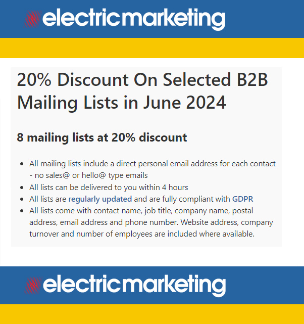 ElecMarketing's tweet photo. 20% discount on 8 lists in June 2024: https://t.co/yBfbl8wMl8 https://t.co/5BjXJmXDcH