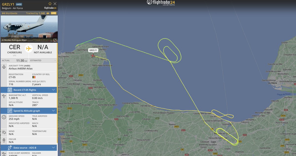 alternativewip's tweet photo. #BAC belgian air component A400M seen on the flight radar, aircraft having departed from cherbourg and completing a flight a long the french beaches of normandy for the anniversary of the normandy landings. #GRZLY1 #44F685 https://t.co/0z2rvN6Zq2