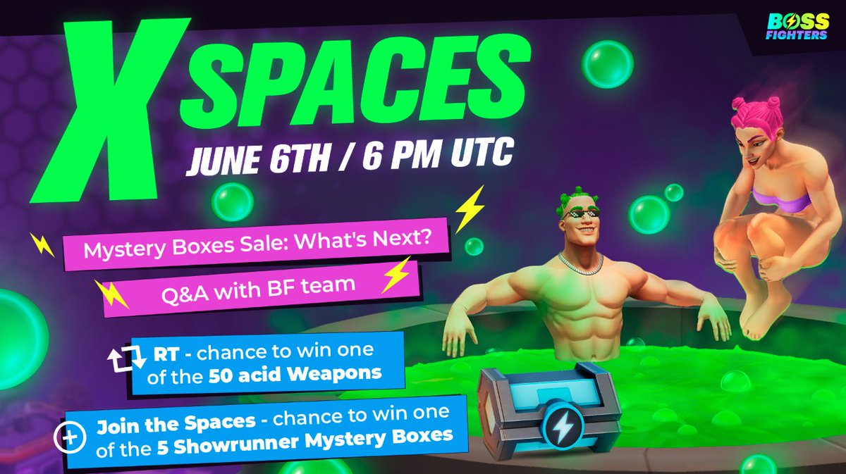 Join the Spaces 👉 get a chance to win one of the 5 Showrunner Mystery Boxes! 🔥 

RT this announcement 👉 get a chance to win one of the 50 Acid Weapons  

You can't afford to miss out — Exciting updates await!  
Thursday, June 6th, 6 PM UTC: x.com/i/spaces/1PlKQ…