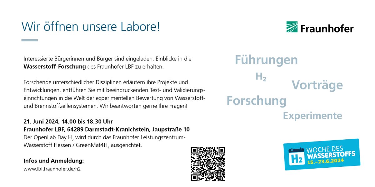 📢 📅 »OpenLab Day H2« in Darmstadt-Kranichstein, 21. Juni 2024 ab 14.00 Uhr - Gleich anmelden! 

Weitere Infos und der Link zur Anmeldung in unserer Presseinfo: lbf.fraunhofer.de/de/presse/pres…

#h2 #WDW24 #wasserstoff #forschung #hessen #openlab