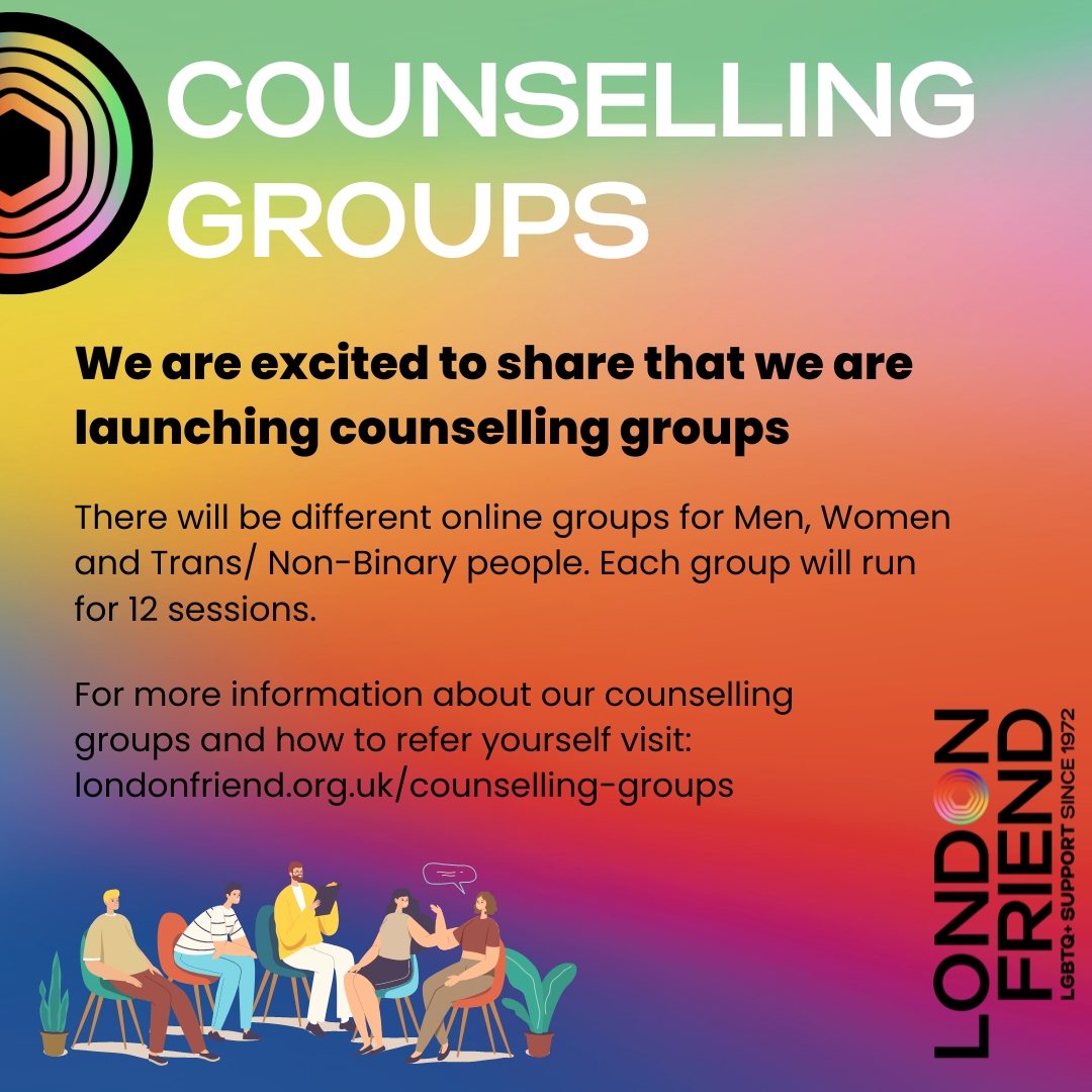 We are excited to share that we are launching counselling groups!

For more information and to refer yourself visit londonfriend.org.uk/counselling-gr…