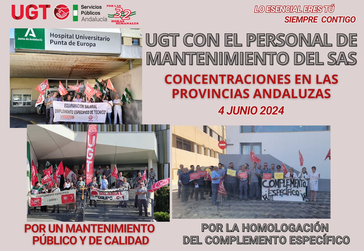 Ugt_A_Sanidad's tweet photo. 📌Concentraciones del día de ayer, 4 de junio, para exigir la homologación del Complemento Específico del #SAS 

👉Por un Mantenimiento Público y de Calidad ‼️#ugtsanidadandalucia #personaldemantenimiento #homologación #complementoespecifico
@UGT_SPANDALUCIA https://t.co/KM1n73N52j