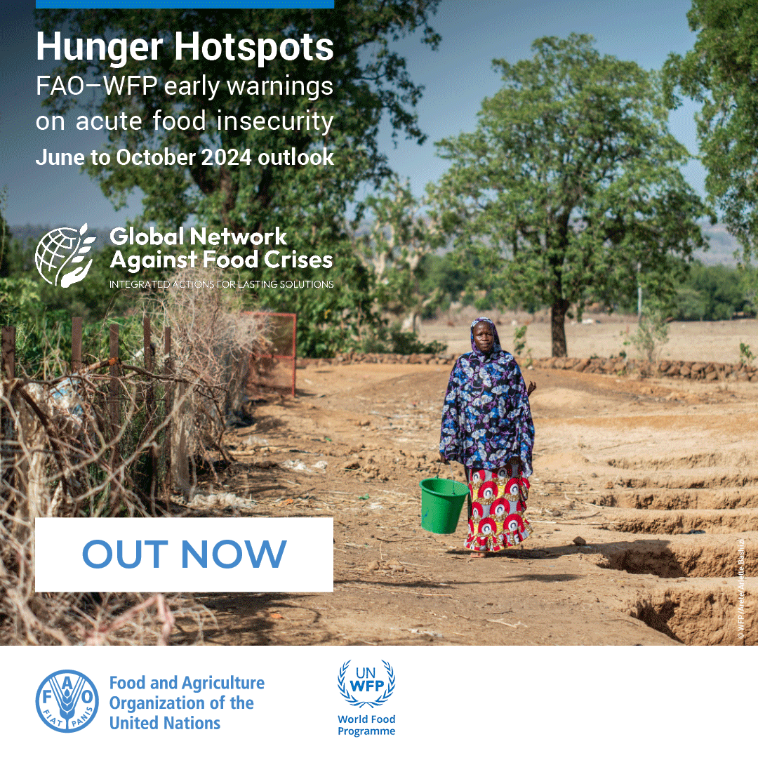 fightfoodcrises's tweet photo. 🚨 The time to take joint action is now. @FAO &amp; @WFP warn that acute #foodinsecurity is likely to worsen in 18 #HungerHotspots between June-October 2024. Urgent &amp; scaled-up #AnticipatoryAction &amp; humanitarian response are needed.

Read more 🔗https://t.co/vOUmImYIAe https://t.co/5Og0JJUyIK