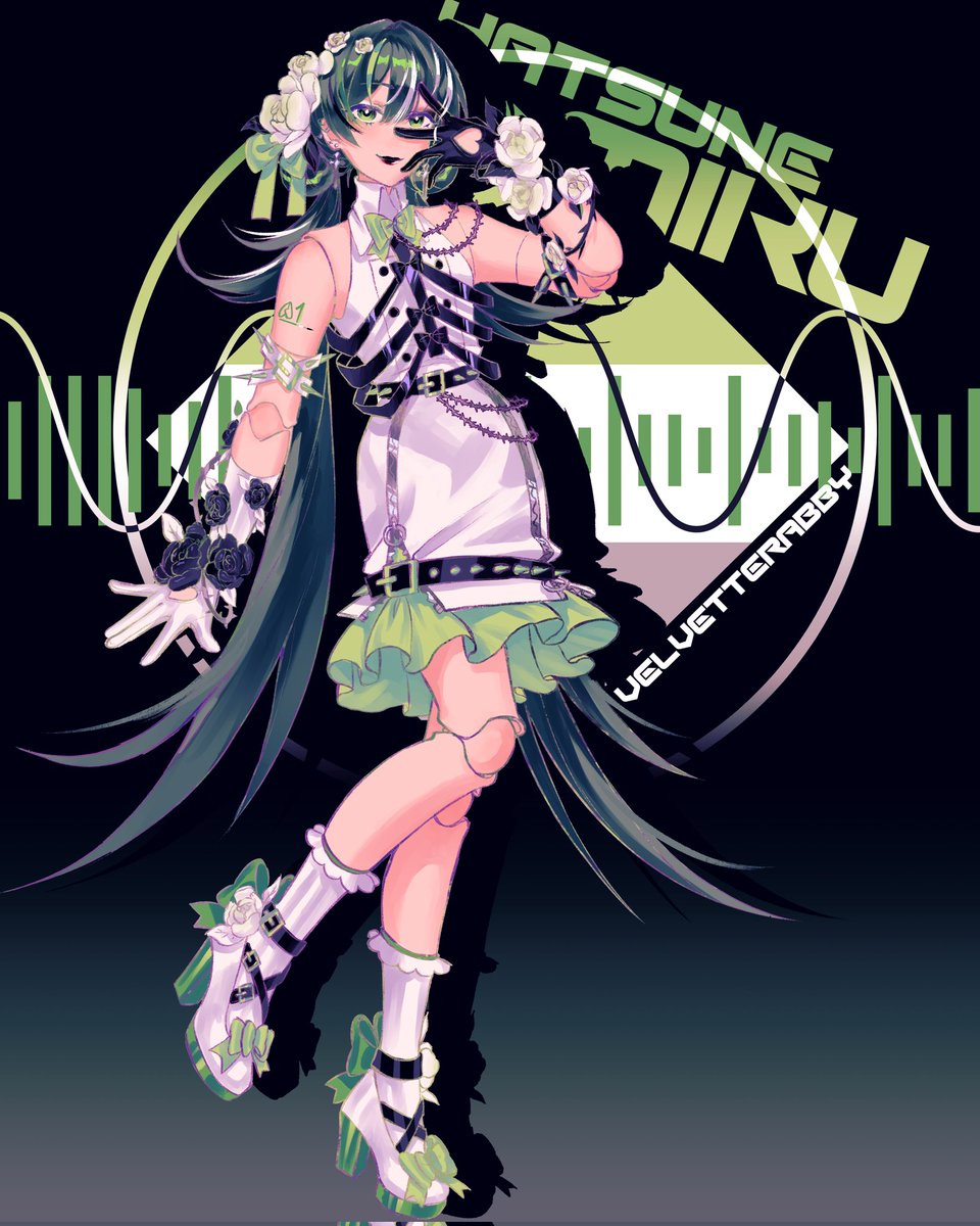 Velvetterabby's tweet image. Happy aromantic/asexual pride from Hatsune Miku 💚🤍🩶🖤🩶🤍💜