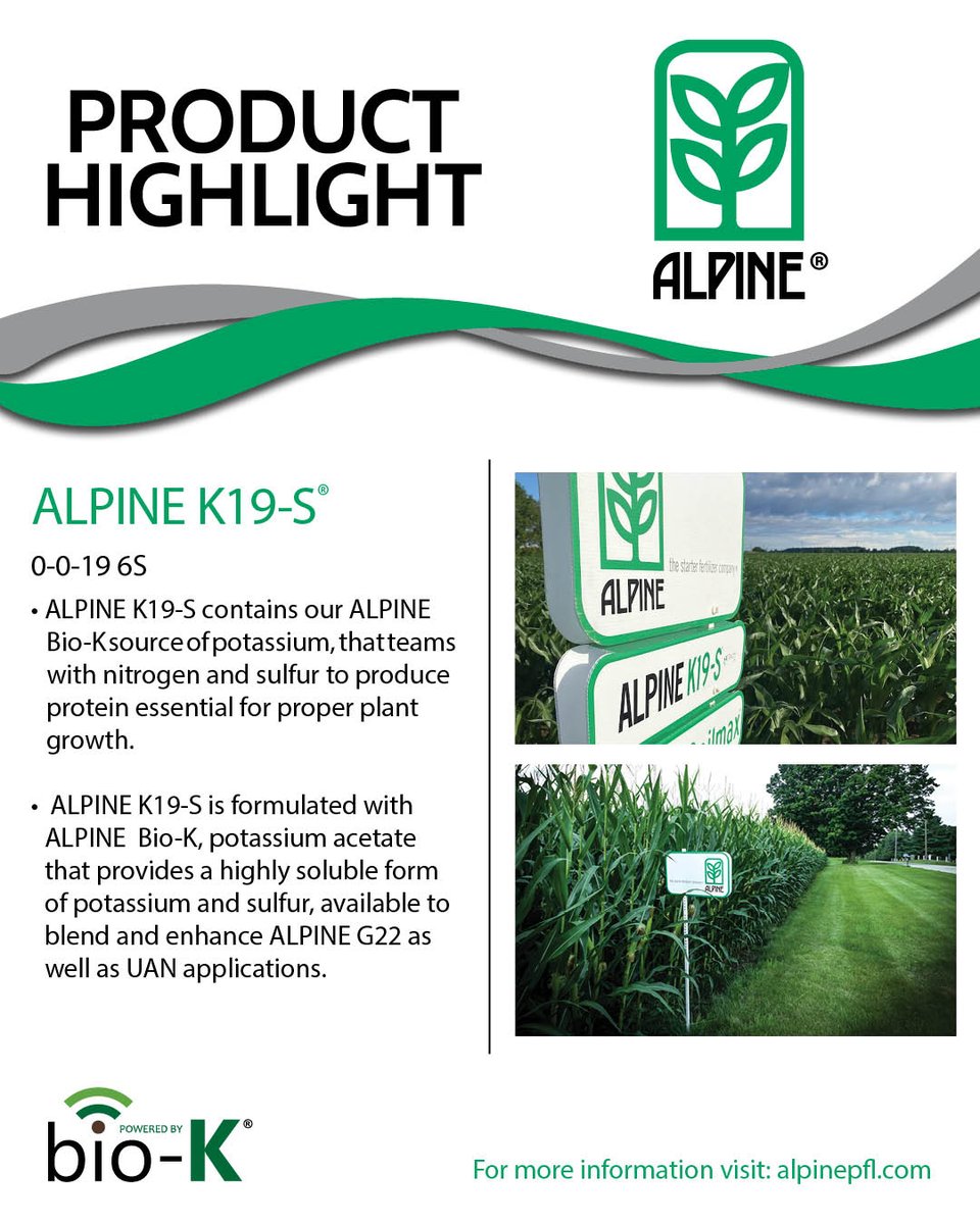 ALPINE K19-S is a crucial fertilizer that boosts crop yield. It works well with UAN solutions to create a strip-till/side-dress fertilizer offering extra potassium and sulfur for high-yielding crops. 🤩

For more information on ALPINE K19-S, visit: alpinepfl.com/k-19-s