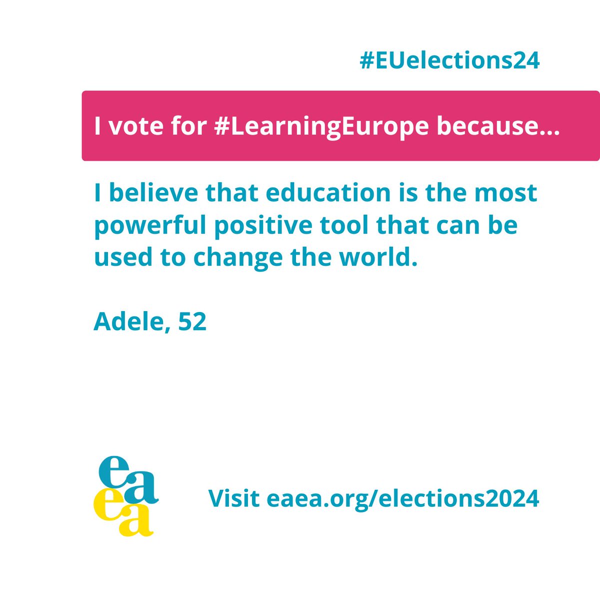 EAEA2020's tweet photo. In preparation for the upcoming #EUelections2024, EAEA asked adult learners and educators, why voting for a #LearningEurope is important. Here is a reply from Adele, Ireland🙌 #UseYourVote at the European elections! https://t.co/wld98mRf6x