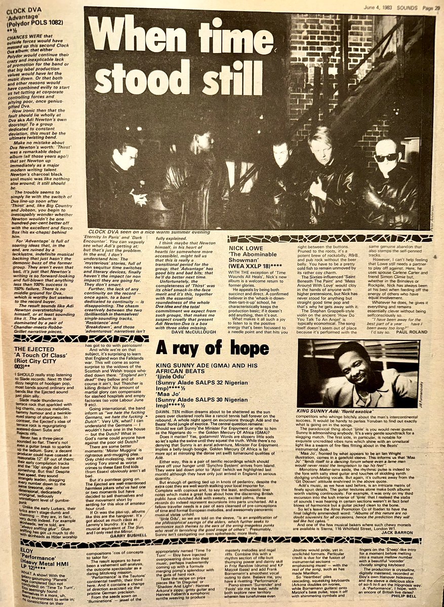 ZoundsAbound's tweet photo. Dave McCullough reviews ‘Advantage’ by #ClockDVA Paul Roland reviews ‘The Abominable Snowman’ by #NickLowe
Jack Barron reviews releases by #KingSunnyAde Philip Bell reviews ‘Performance’ by #Eloy &amp; Garry Bushell reviews ‘A Touch of Class’ by #TheEjected 

Sounds Jun 4th 1983 https://t.co/EMWVA65mah